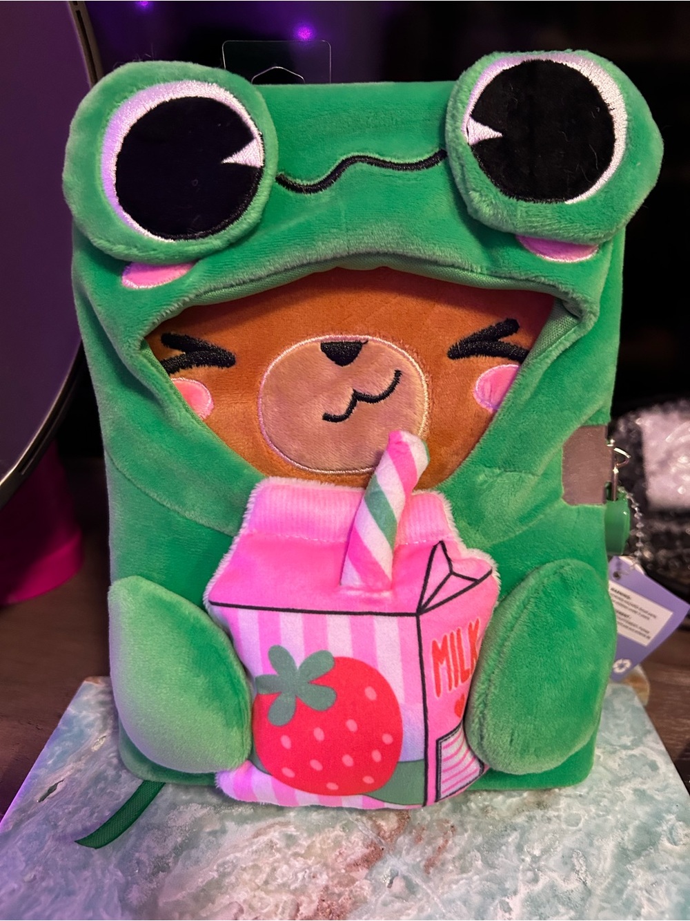 Green Frog Plush Kids Diary with Strawberry Milk Carton lock and key